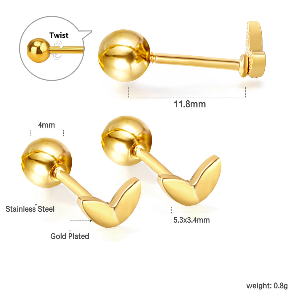 Gold coloured steel ball screw-in leaf stud earrings asonjewelry